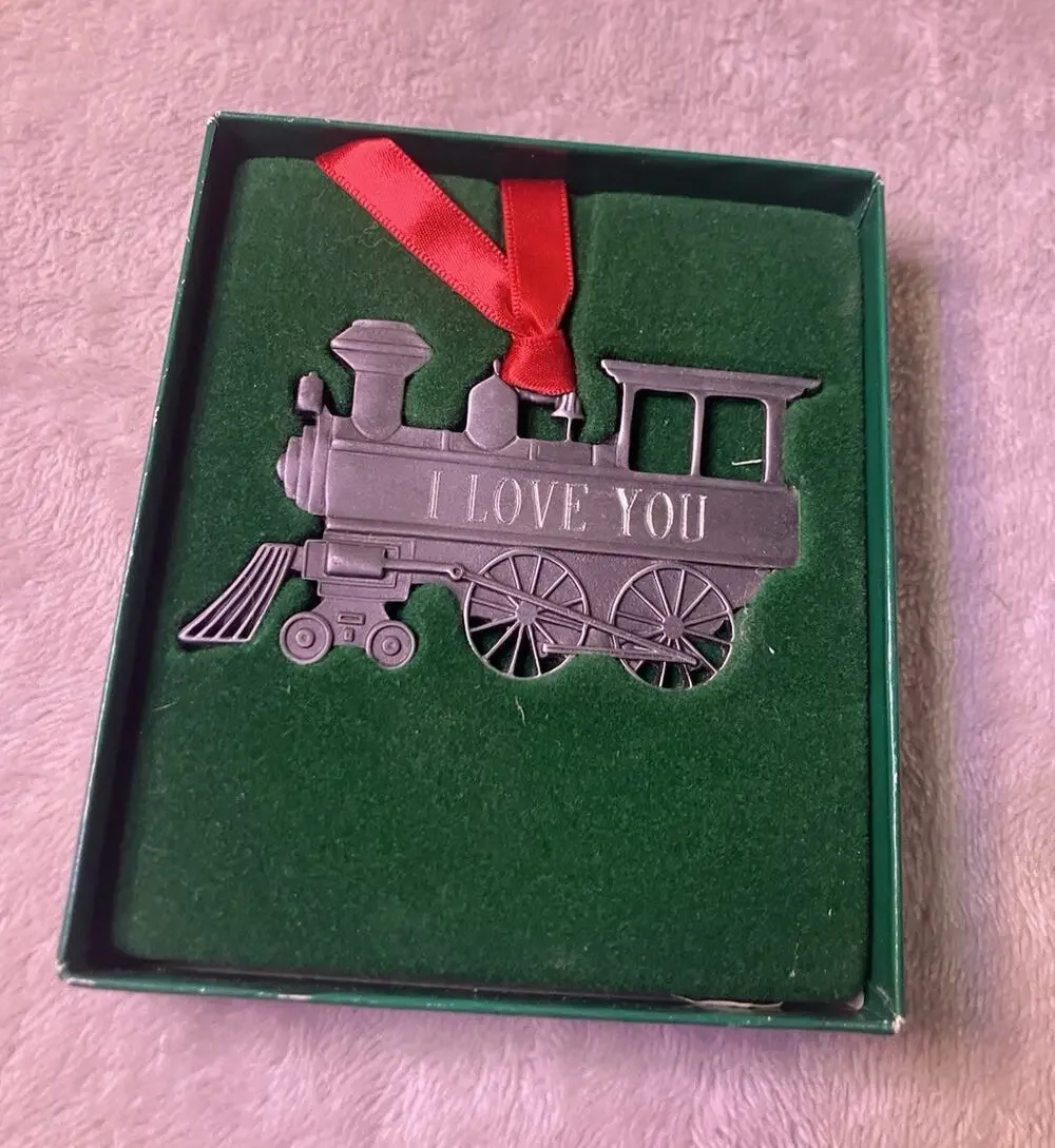 Genuine Pewter Train Hanging Christmas Ornament “I Love You” Solid 1pc